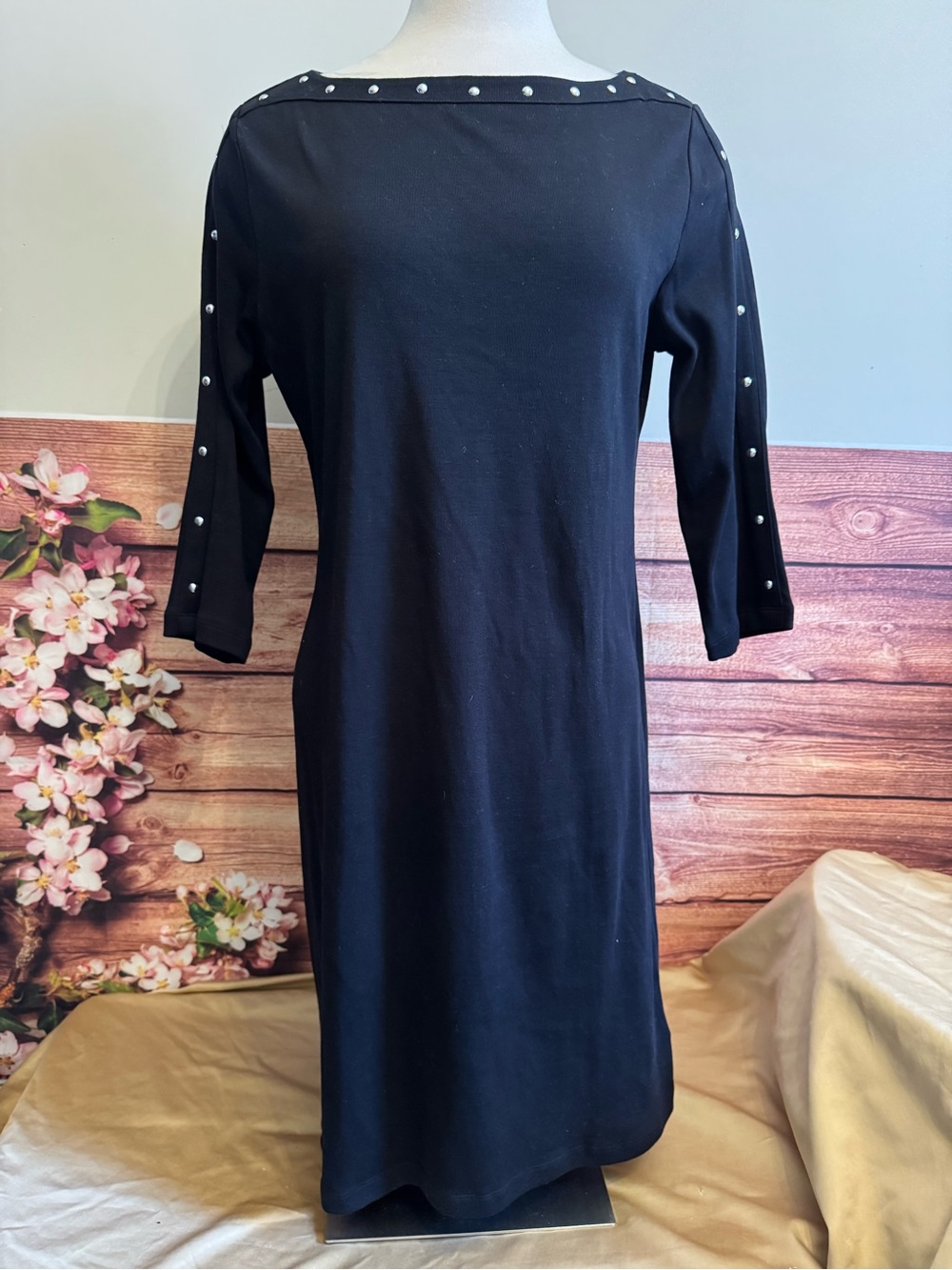 NWT Karen Scott Sport Black Studded Knit Dress M 3/4 Sleeve Boat Neck Cotton